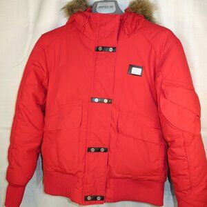 Helly Hansen Jacket Red Duck Down Fill Puffer Hood Faux Fur Women's M